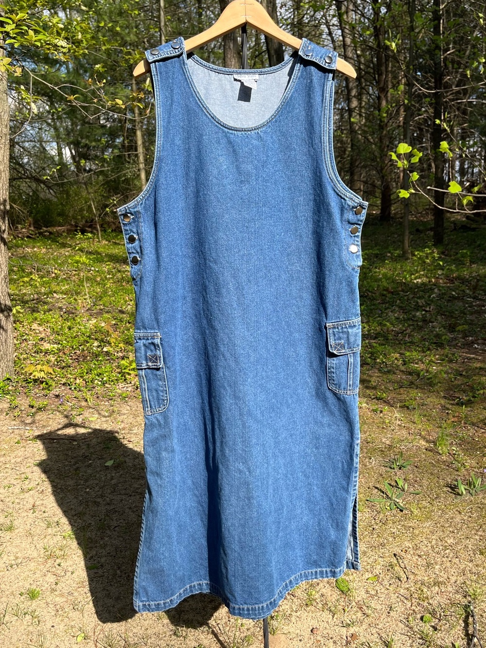 Y2K Chelsea Studio Denim Maxi Pinafore Jumper Dress Size L Classic Cottagecore